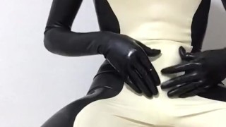 Latex Catsuit Dog Handjob With Ball Gag Inside