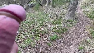 Public cock stroking hike with cock rings