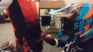 Motocross guy jerks off after sex to his partner