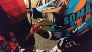Motocross guy jerks off after sex to his partner