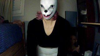 Bunny May Pt1! Female masked girl plays around with her white rabbit mask and her rubber body!