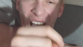 Skinny horny teen shoots a load in his throat and spits some out