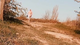 Body stocking and nude in public with ball weights
