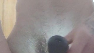 Skinny teen shaves his big hairy erected cock and balls