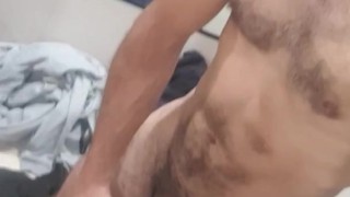 Fit stud quietly wanks and squirts Thick cum all over mattress