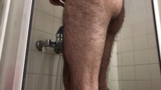 Very hairy man have a shower massage dick and ball and butt
