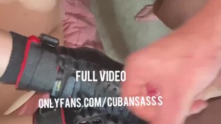 Sexy milf Lisa fire gives foot job and gets cum on her Reebok sneakers 