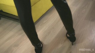 HOT ass and legs in tight shiny leahter leggings - Mistress teasing with leather fetish