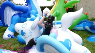 Miss Maskerade Rubber Doll Playing and Pop Balloon - Looner fetish in full latex 01