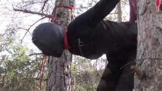 Tied up to a tree outdoor on sexy clothes, wearing pantyhose and high ankle boots heels, rough fuck