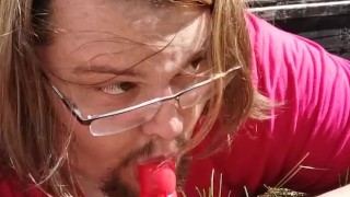 Sissy Sucks Dildo Outside!