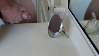 THICK WHITE DICK JERKS OFF TO ENORMOUS CUMSHOT ALL OVER THE BATHROOM MIRROR! SOLO MALE ORGASM