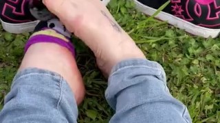 BBW milf does sock tease outdoors