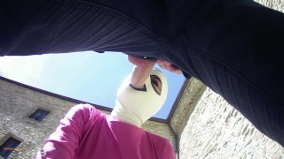 Laura on Heels amateur 2021 on pink outfit in outdoor blowjob and masked oral creampie