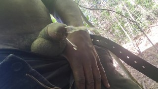 Black cock pissing outside in the woods hear the squirt hit the leaves join my onlyfans! #9