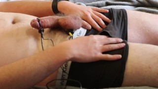British lad cums using his electro toy