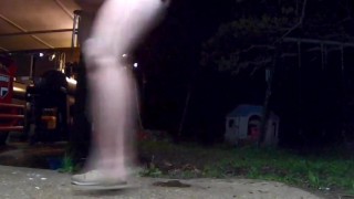 Chbby wife peeing outside in front 11