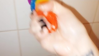 Rainbow Blowjob Horny Trans Queer Man Sucking Rainbow Dick POV Dildo Very Spitty