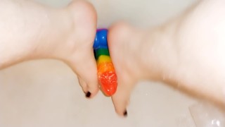 Sweet Rainbow Trans Queer Man Gives Blowjob Footjob POV Twerking Wet
