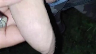 Pissing in the dark outside, uncut cock