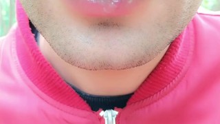 Foamy cum play on lips after being mouth fucked outdoor