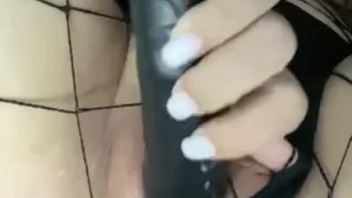 Tatted Babe in Fishnet Bodysuit Fucks Pretty Pussy with Black, Double Sided Dildo Til She Cums