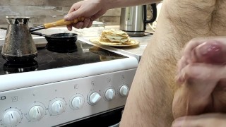 I'm making breakfast. Orgasm in the kitchen