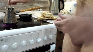 I'm making breakfast. Orgasm in the kitchen