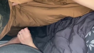 Almost Caught, Sneaky Camper Handjob with my Hot Amateur Wife, Cumshot into her hand this morning