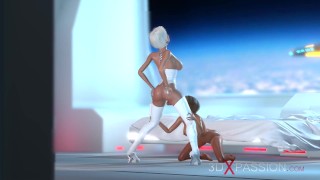 3d sexy sci-fi dickgirl android plays with a hot woman in the space station