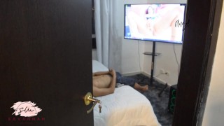 Surprising my stepbrother in my room jerking off with my videos