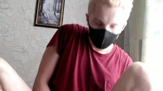 Twink rides dildo while parents behind the door