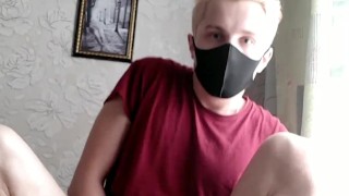 Twink rides dildo while parents behind the door