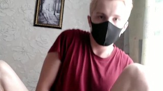 Twink rides dildo while parents behind the door