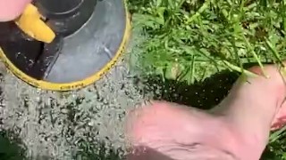 Getting feet really wet in the grass