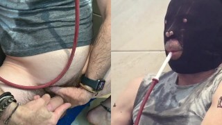 PitFanOne- Piss shower all over his gray T-shirt. Lick and swallow cum with piss.