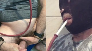 PitFanOne- Piss shower all over his gray T-shirt. Lick and swallow cum with piss.
