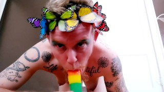 Queer Trans Boy Flowers In His Beard Gives POV Blowjob Frontage Masturbates Big Clit