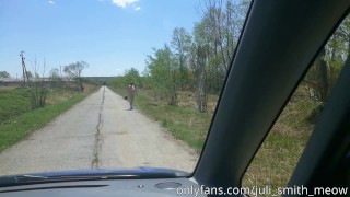 Hot exhibitionist girl strips on the road to get hitchhiked