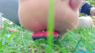 Giantess with big sweaty feet crushes toy cars and smashes them all
