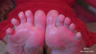 Divine and wrinkled oiled soles and toes to worship - POV Slave Smears My Feet With Oil