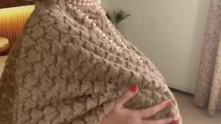 Annabel’s fur cape and white nylons 