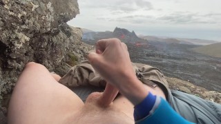 DOUBLE ERUPTION!! Jacking off while watching a volcano in Iceland erupt