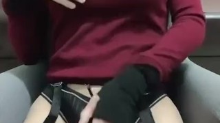 Femboy crossdressor masturbating in stockings and garter belts 