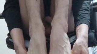 Showing off my sexy long feet and my soles while squatting on my chair