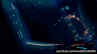 Heavy rubber goddess with big tits in transparent blue latex catsuit and mask masturbates - part 2