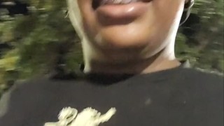 Ebony MILF rips leggings and plays with pussy in public parking lot