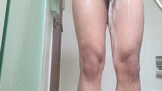 Korean fit boy jerking off while taking shower