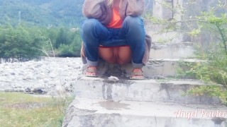 Shameless girl peeing on the stairs of the bridge - 1080 HD Angel Fowler 