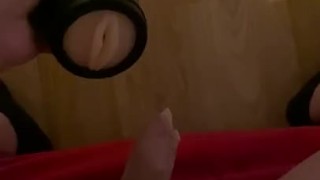 Using a pussy pocket to wank off my dick with a condom